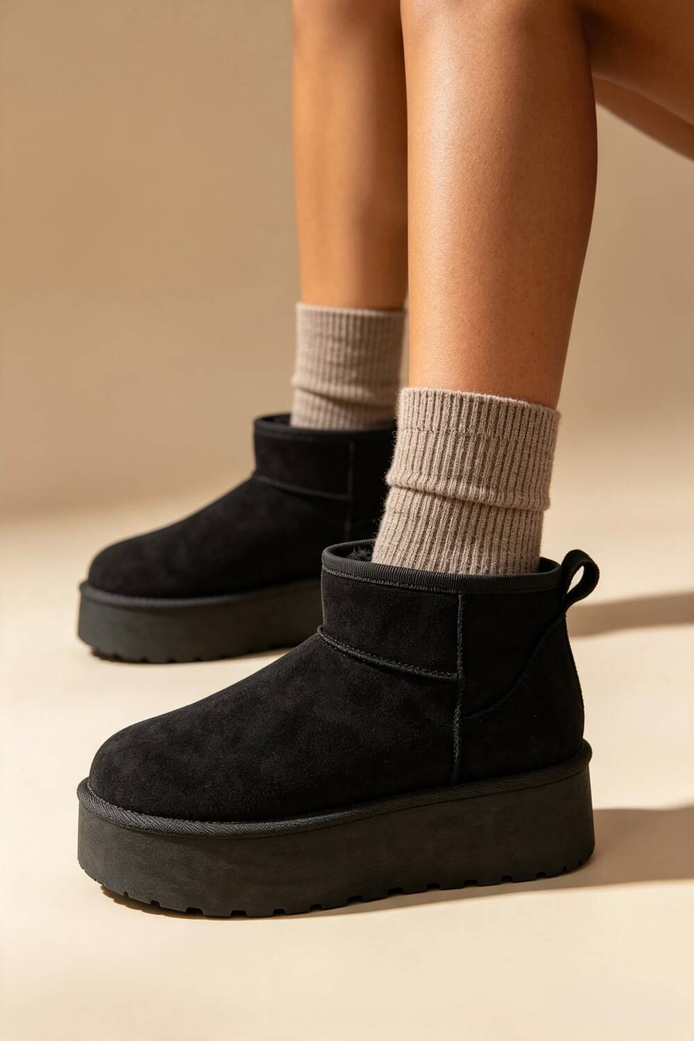 Black Suede Faux Fur Ultra Mini Platform Ankle Boots