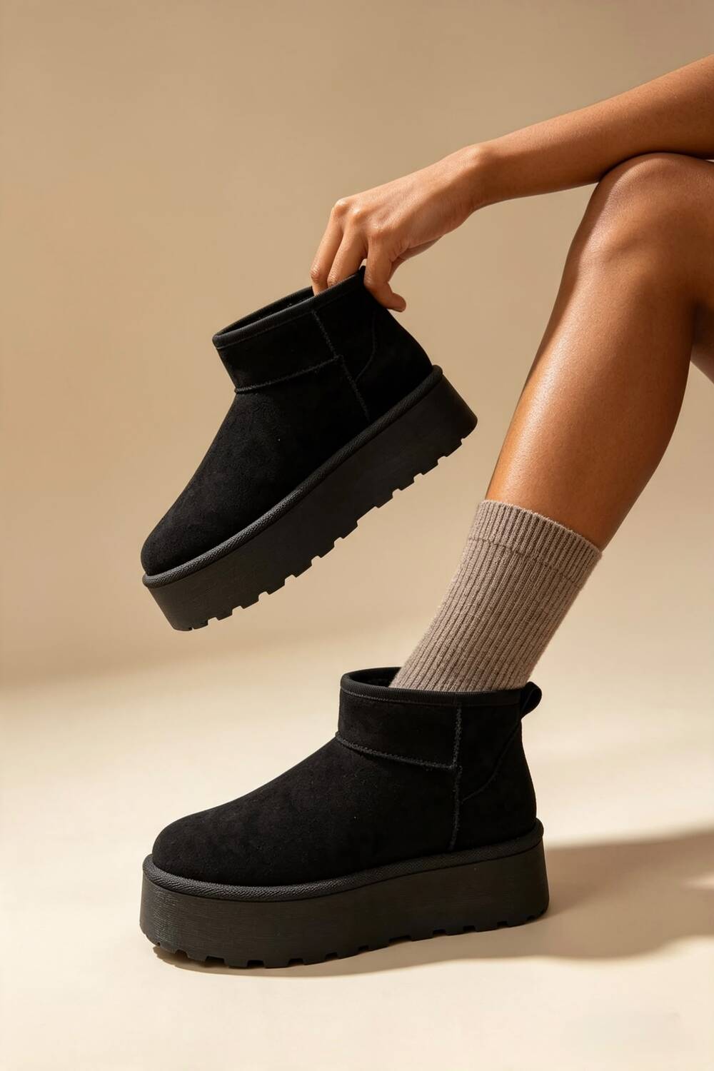 Black Suede Faux Fur Ultra Mini Platform Ankle Boots