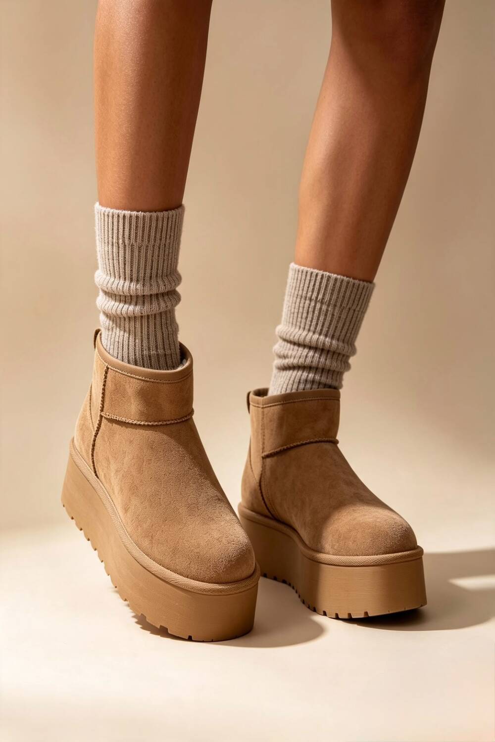 Camel Suede Faux Fur Ultra Mini Platform Ankle Boots