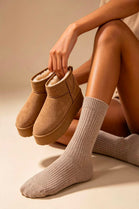 Camel Suede Faux Fur Ultra Mini Platform Ankle Boots