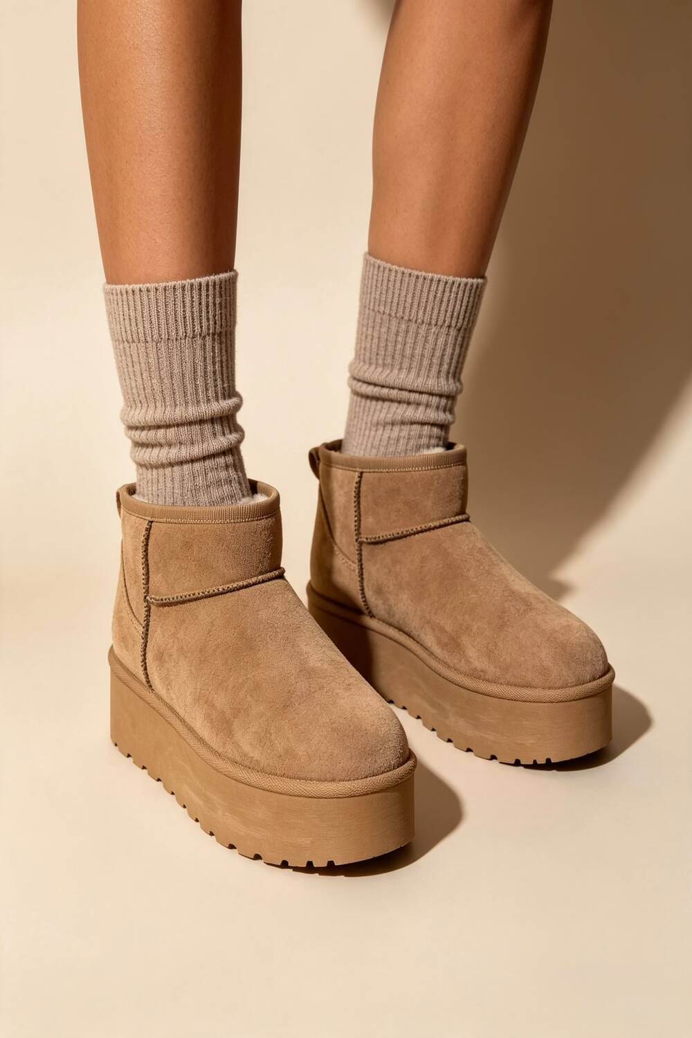 Camel Suede Faux Fur Ultra Mini Platform Ankle Boots