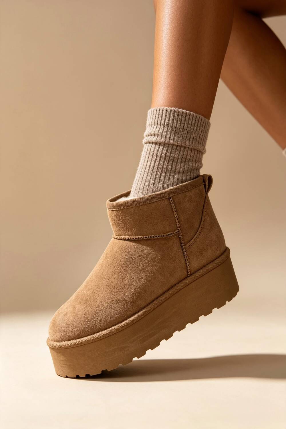 Camel Suede Faux Fur Ultra Mini Platform Ankle Boots