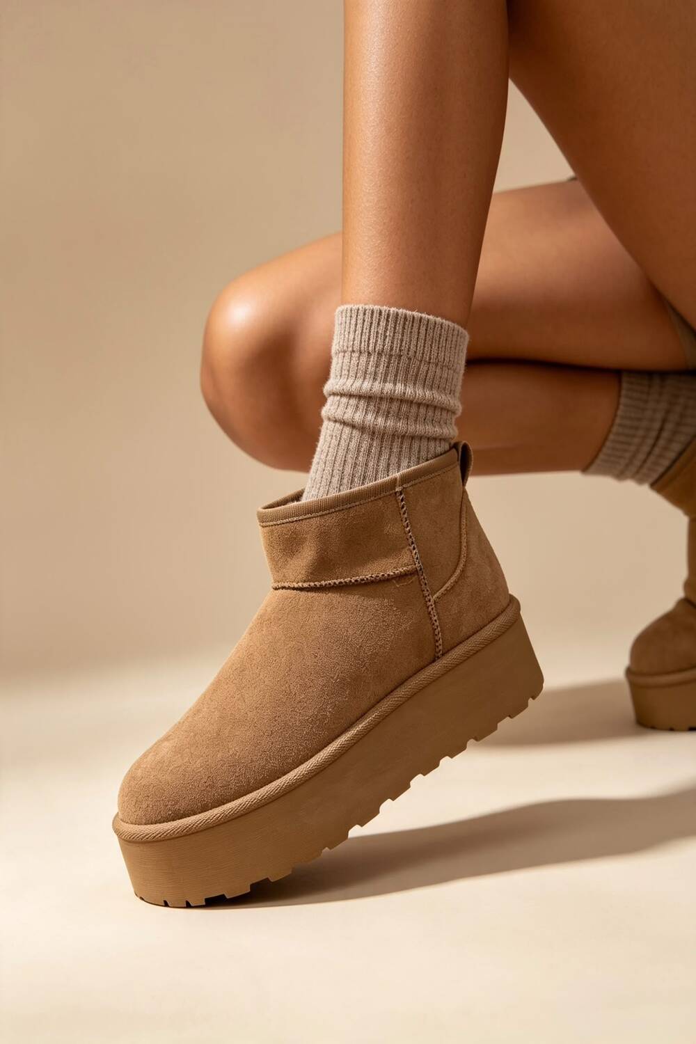 Camel Suede Faux Fur Ultra Mini Platform Ankle Boots