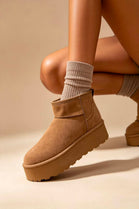 Camel Suede Faux Fur Ultra Mini Platform Ankle Boots