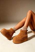 Chestnut Suede Faux Fur Ultra Mini Platform Ankle Boots