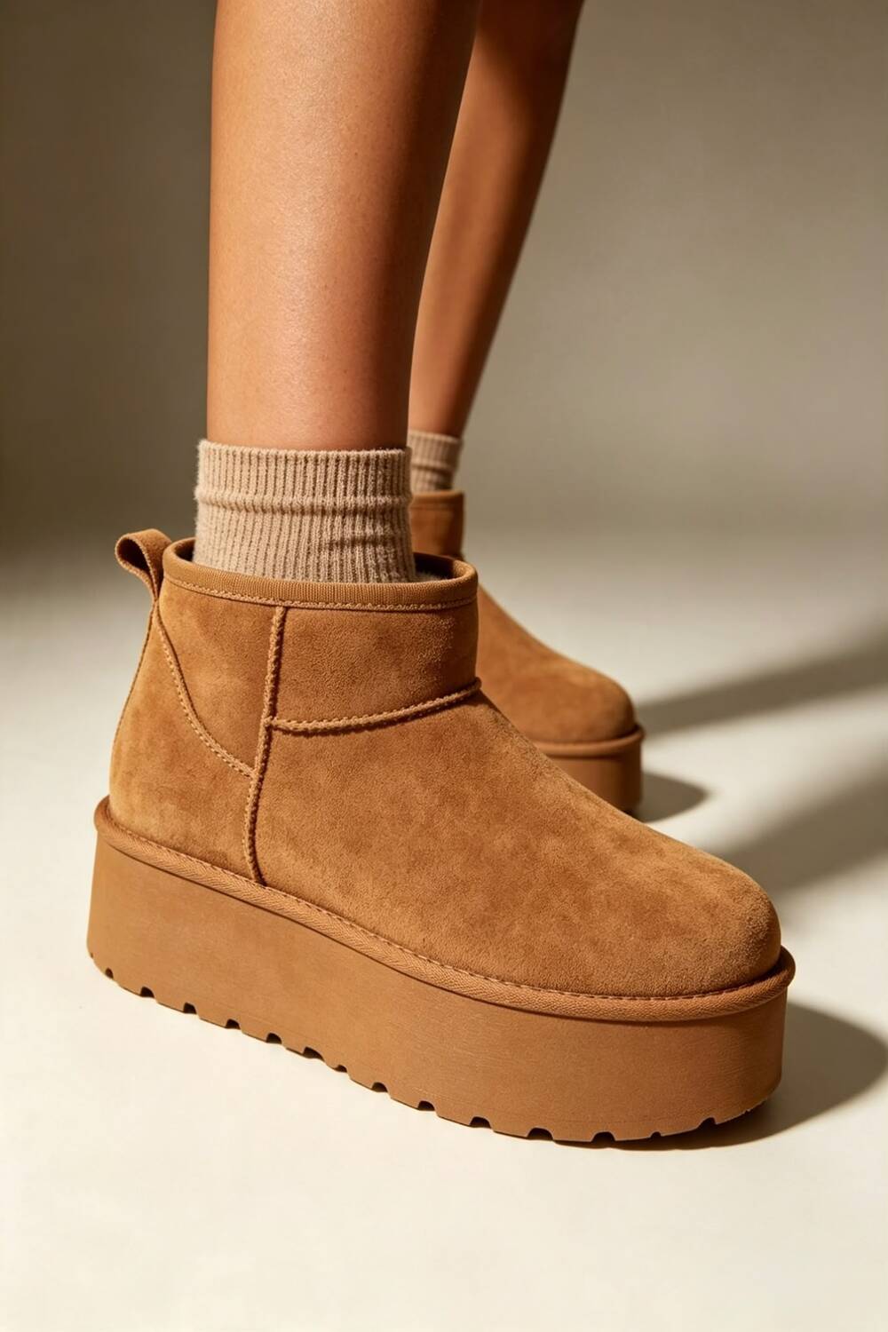 Chestnut Suede Faux Fur Ultra Mini Platform Ankle Boots