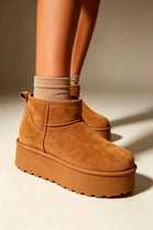 Chestnut Suede Faux Fur Ultra Mini Platform Ankle Boots