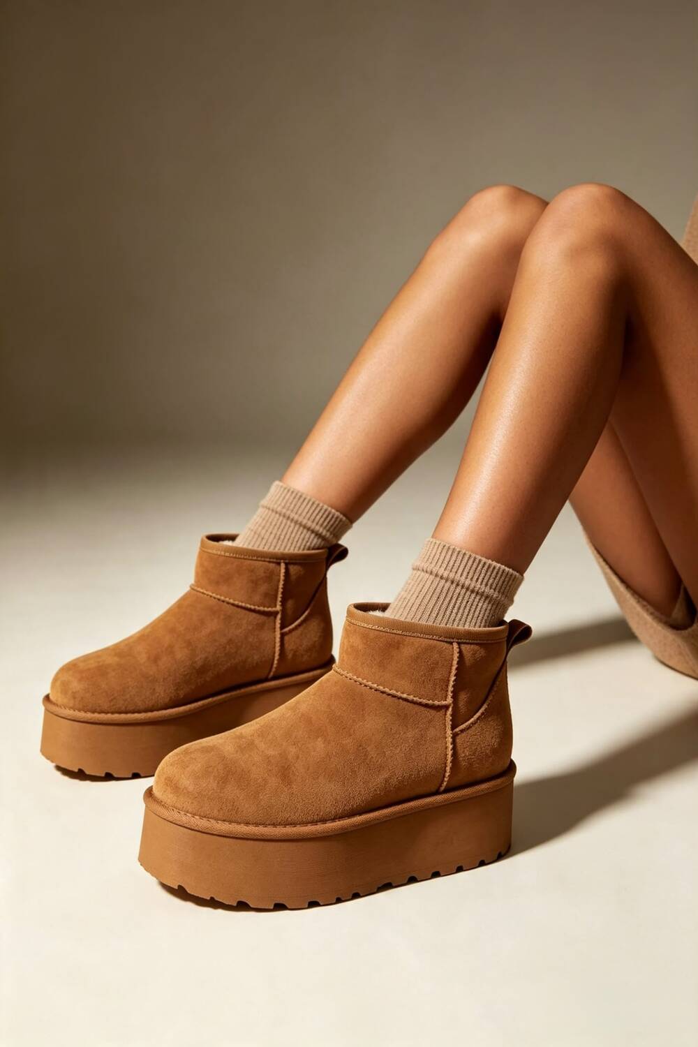 Chestnut Suede Faux Fur Ultra Mini Platform Ankle Boots