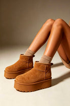 Chestnut Suede Faux Fur Ultra Mini Platform Ankle Boots