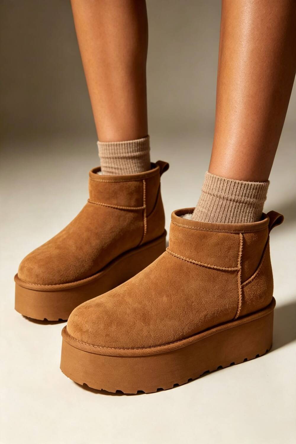 Chestnut Suede Faux Fur Ultra Mini Platform Ankle Boots