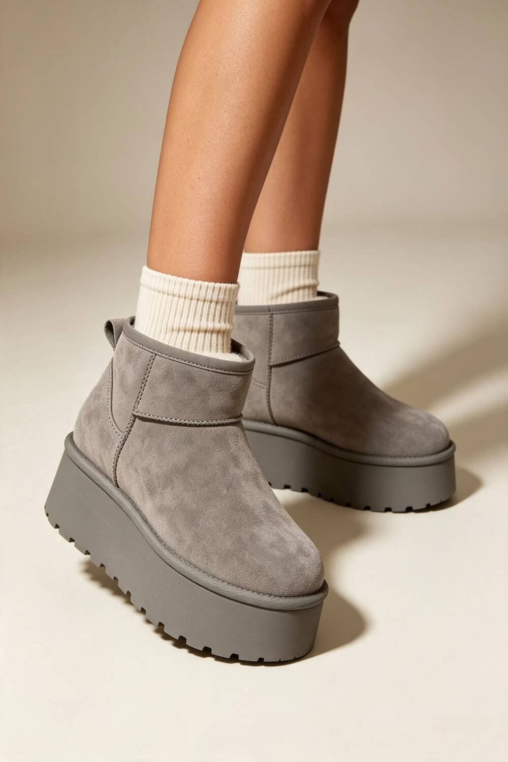 Grey Suede Faux Fur Ultra Mini Platform Ankle Boots