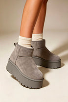 Grey Suede Faux Fur Ultra Mini Platform Ankle Boots