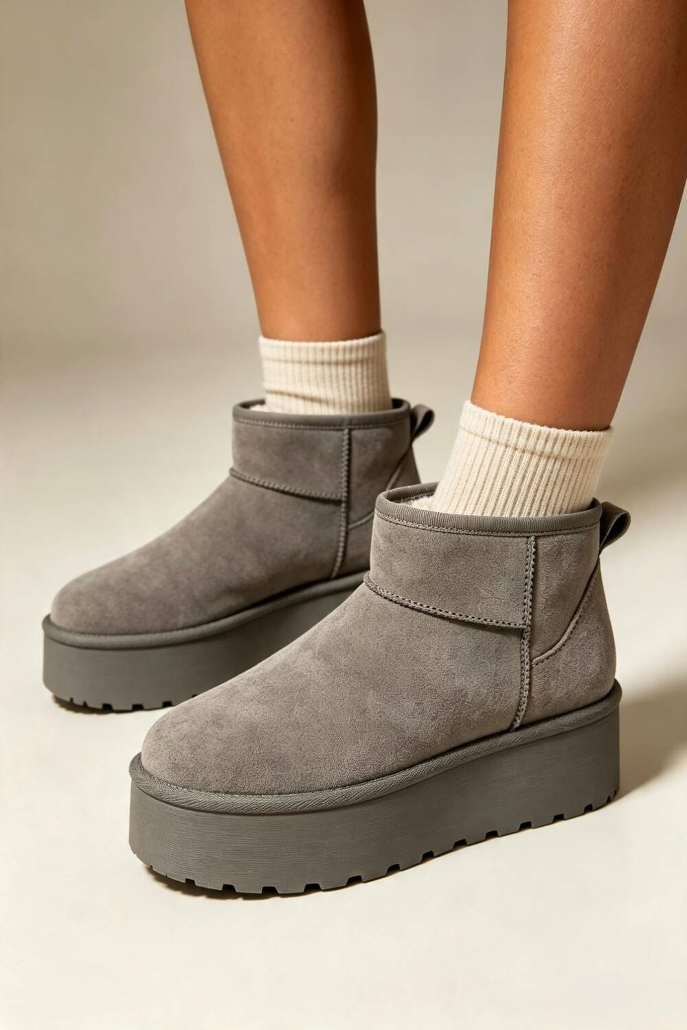 Grey Suede Faux Fur Ultra Mini Platform Ankle Boots