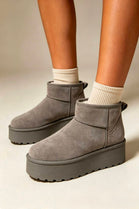 Grey Suede Faux Fur Ultra Mini Platform Ankle Boots