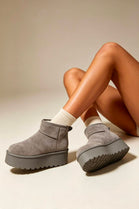 Grey Suede Faux Fur Ultra Mini Platform Ankle Boots