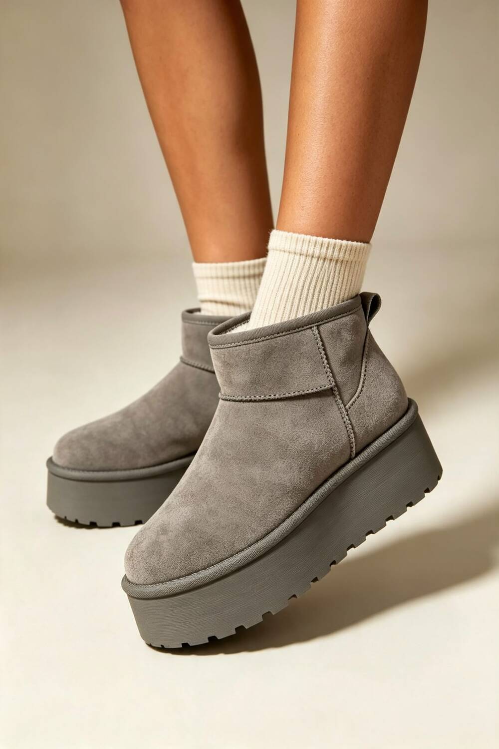 Grey Suede Faux Fur Ultra Mini Platform Ankle Boots