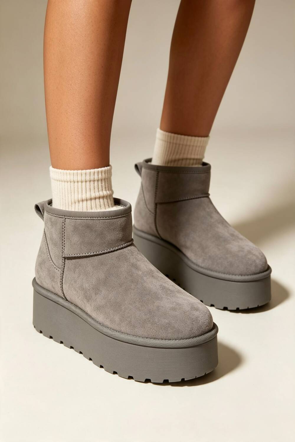 Grey Suede Faux Fur Ultra Mini Platform Ankle Boots