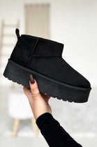 BLACK ULTRA MINI PLATFORM FAUX FUR LINED ANKLE BOOTS