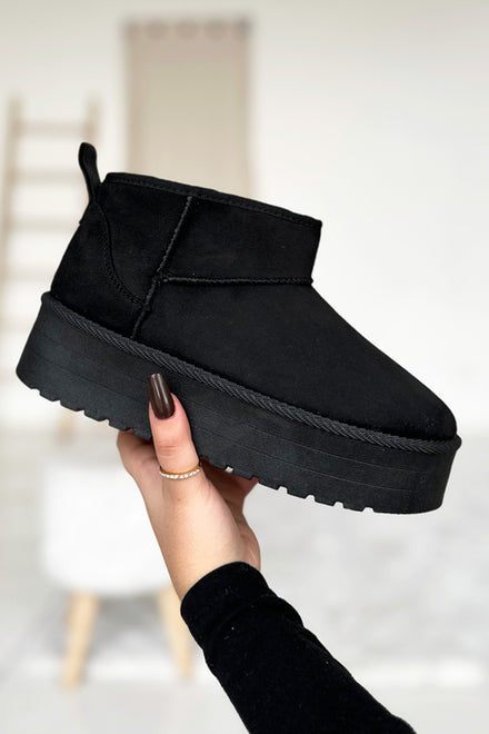 Black Suede Faux Fur Ultra Mini Platform Ankle Boots