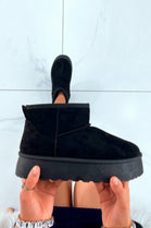 BLACK ULTRA MINI PLATFORM FAUX FUR LINED ANKLE BOOTS