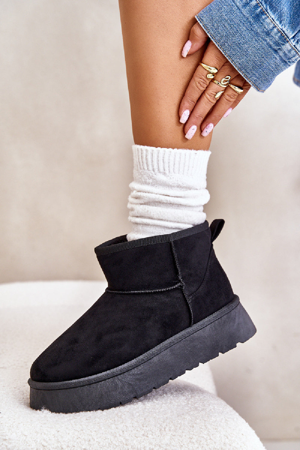 BLACK ULTRA MINI PLATFORM FAUX FUR LINED ANKLE BOOTS