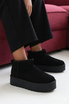 BLACK ULTRA MINI PLATFORM FAUX FUR LINED ANKLE BOOTS