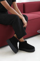 BLACK ULTRA MINI PLATFORM FAUX FUR LINED ANKLE BOOTS