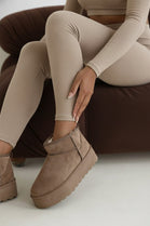 Camel Suede Faux Fur Ultra Mini Platform Ankle Boots