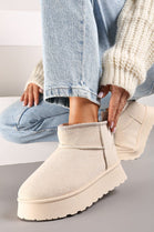 CREAM ULTRA MINI PLATFORM FAUX FUR LINED ANKLE BOOTS