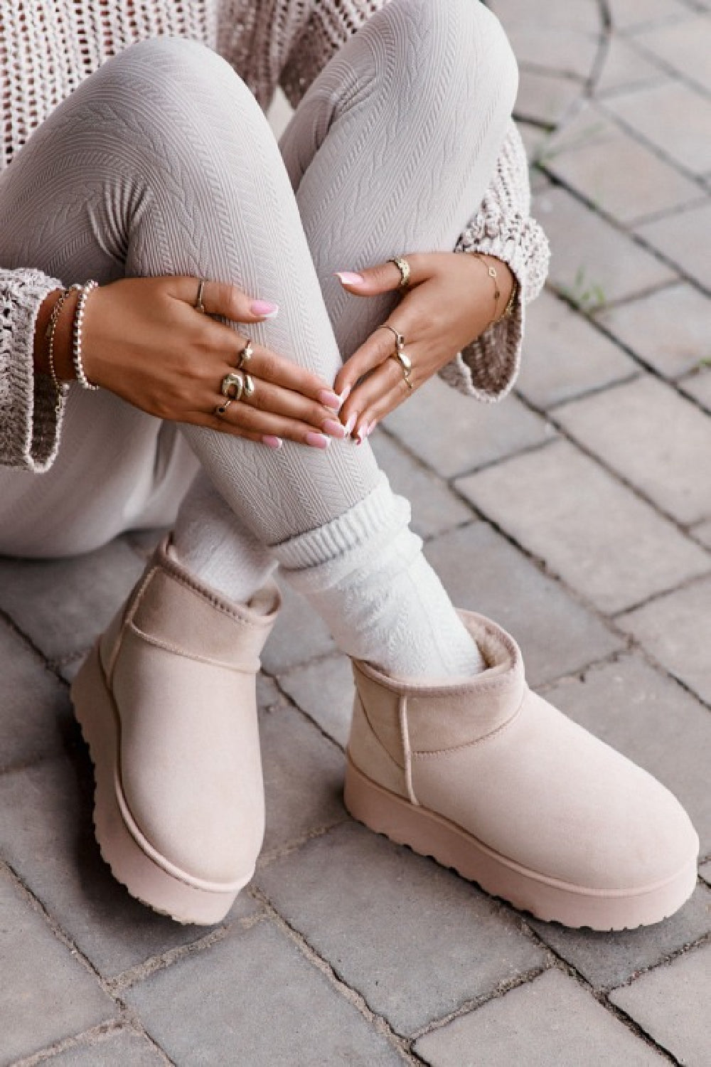 CREAM ULTRA MINI PLATFORM FAUX FUR LINED ANKLE BOOTS