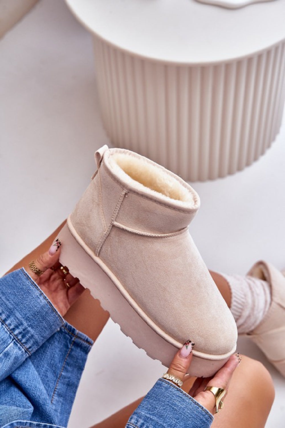 CREAM ULTRA MINI PLATFORM FAUX FUR LINED ANKLE BOOTS