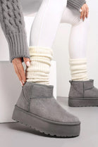 GREY ULTRA MINI PLATFORM FAUX FUR LINED ANKLE BOOTS