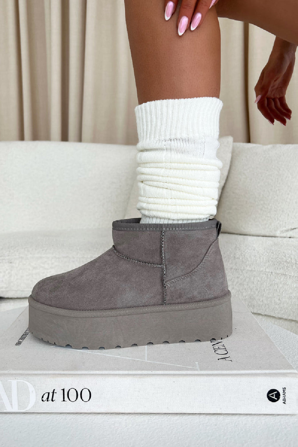 GREY ULTRA MINI PLATFORM FAUX FUR LINED ANKLE BOOTS