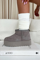 GREY ULTRA MINI PLATFORM FAUX FUR LINED ANKLE BOOTS