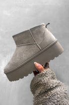 GREY ULTRA MINI PLATFORM FAUX FUR LINED ANKLE BOOTS