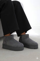 GREY ULTRA MINI PLATFORM FAUX FUR LINED ANKLE BOOTS