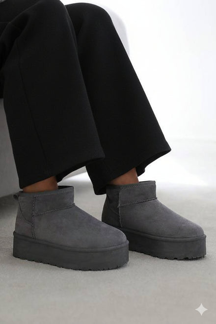 GREY ULTRA MINI PLATFORM FAUX FUR LINED ANKLE BOOTS