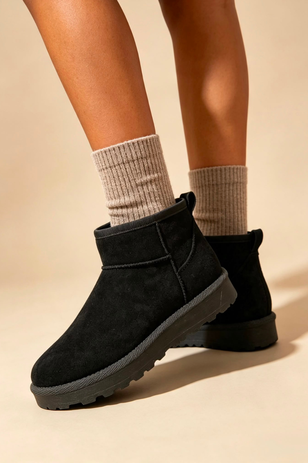 Black Faux-Suede Ultra Mini Fur Lined Ankle Boots