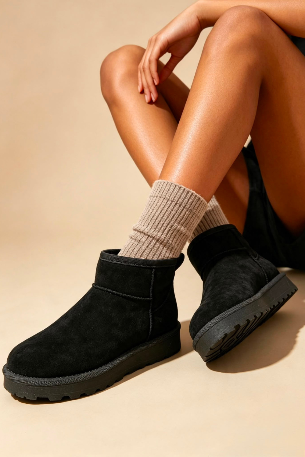 Black Faux-Suede Ultra Mini Fur Lined Ankle Boots