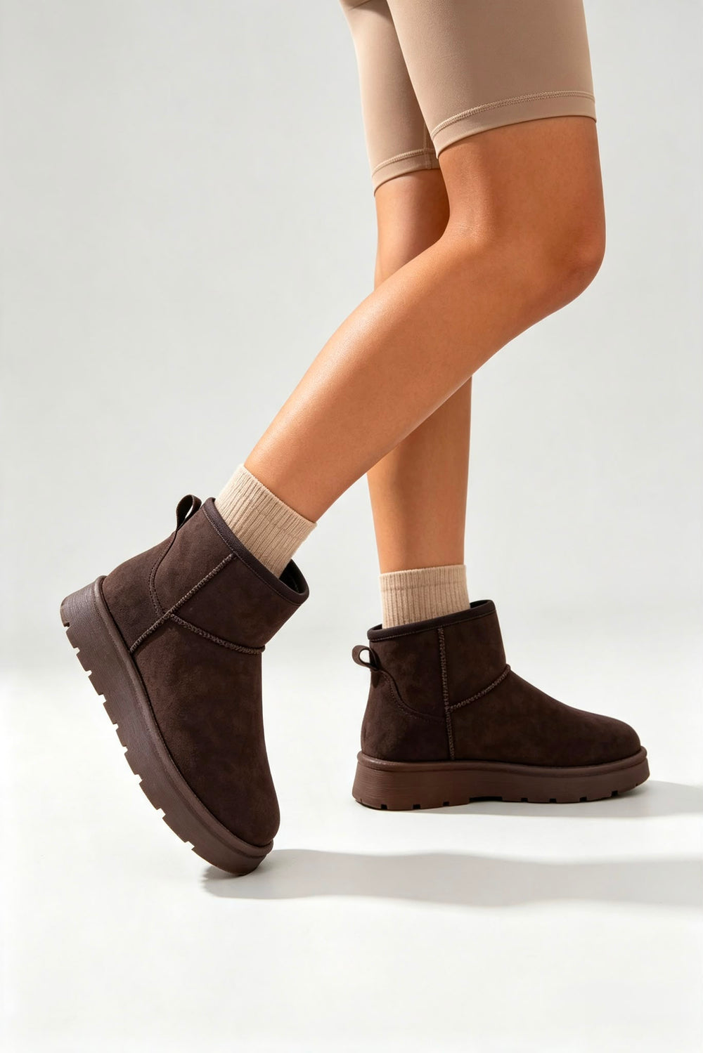 Brown Faux-Suede Ultra Mini Fur Lined Ankle Boots