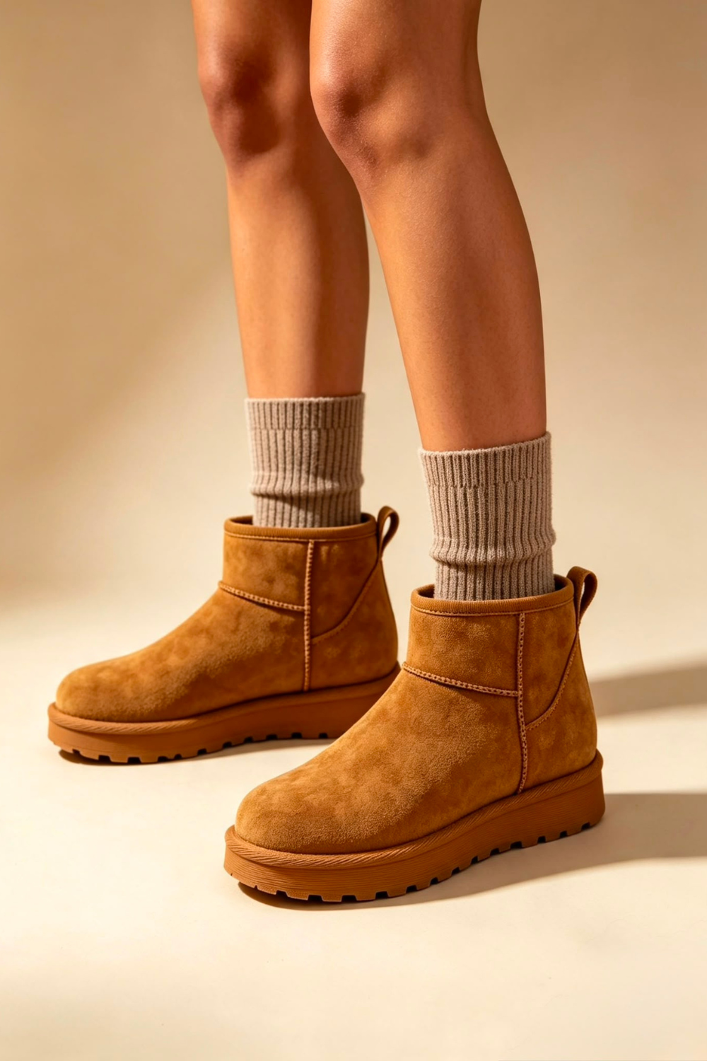 Chestnut Faux-Suede Ultra Mini Fur Lined Ankle Boots
