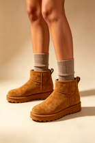 Chestnut Faux-Suede Ultra Mini Fur Lined Ankle Boots