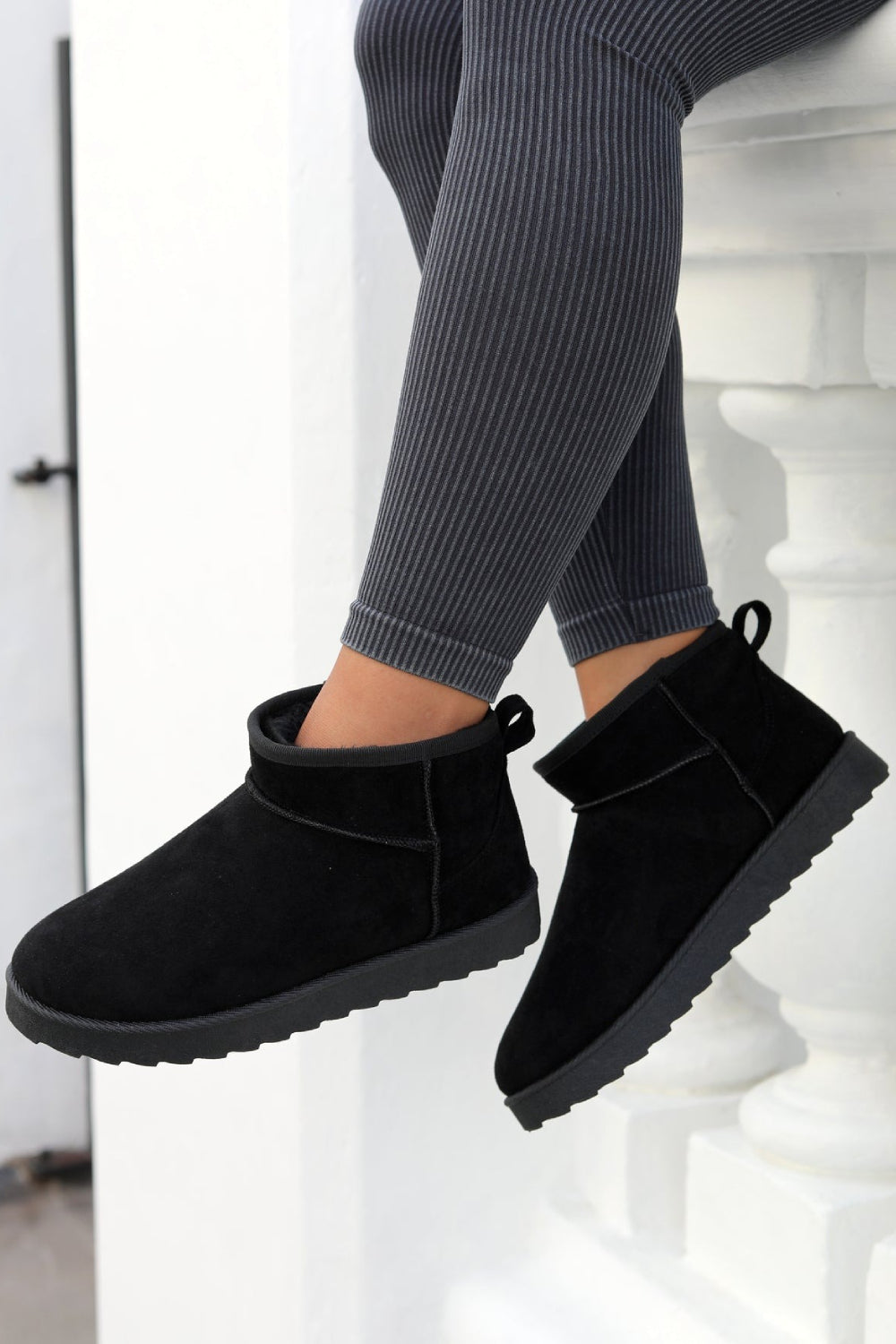 BLACK FAUX SUEDE ULTRA MINI COZY SNOW ANKLE BOOTS