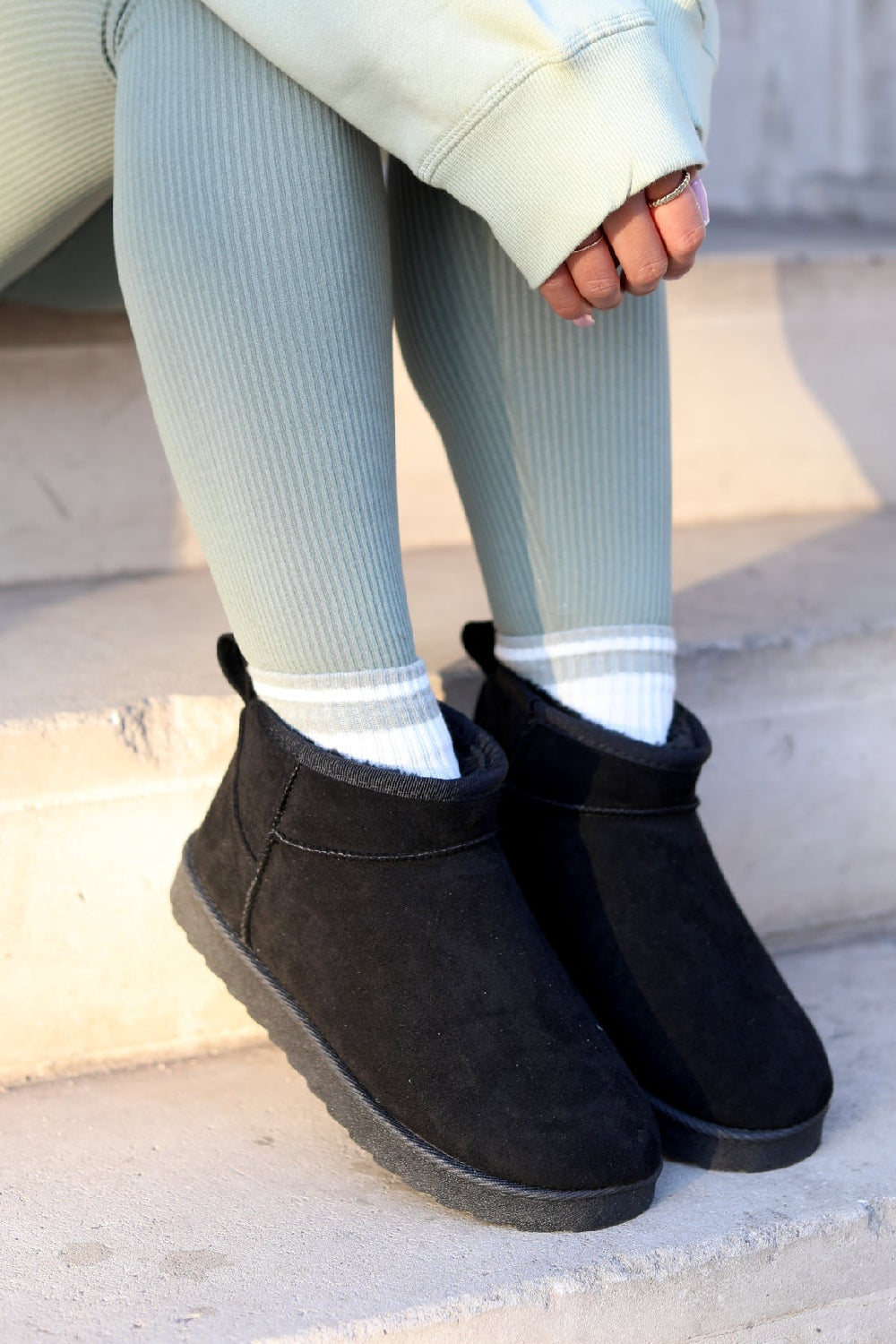 BLACK FAUX SUEDE ULTRA MINI COZY SNOW ANKLE BOOTS