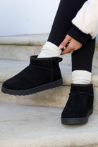 BLACK FAUX SUEDE ULTRA MINI COZY SNOW ANKLE BOOTS