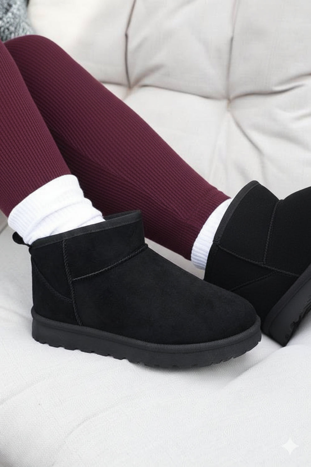 BLACK FAUX SUEDE ULTRA MINI COZY SNOW ANKLE BOOTS