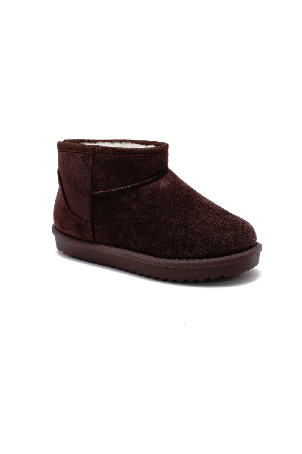 BROWN FAUX SUEDE ULTRA MINI COZY SNOW ANKLE BOOTS