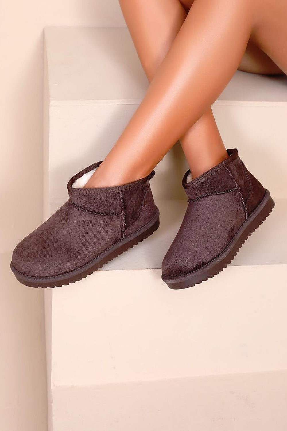 BROWN FAUX SUEDE ULTRA MINI COZY SNOW ANKLE BOOTS