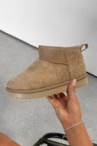 CAMEL FAUX SUEDE ULTRA MINI COZY SNOW ANKLE BOOTS