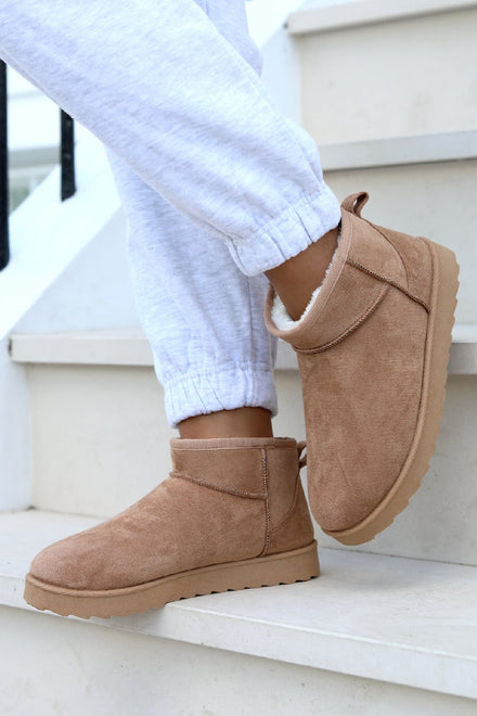 CAMEL FAUX SUEDE ULTRA MINI COZY SNOW ANKLE BOOTS